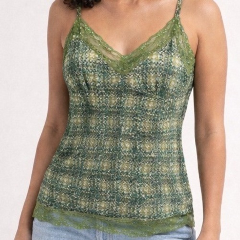 100% Silk Camisole Tank Top Small Y2k Green Mosaic Sequin Lace V Neck‎ sparkle